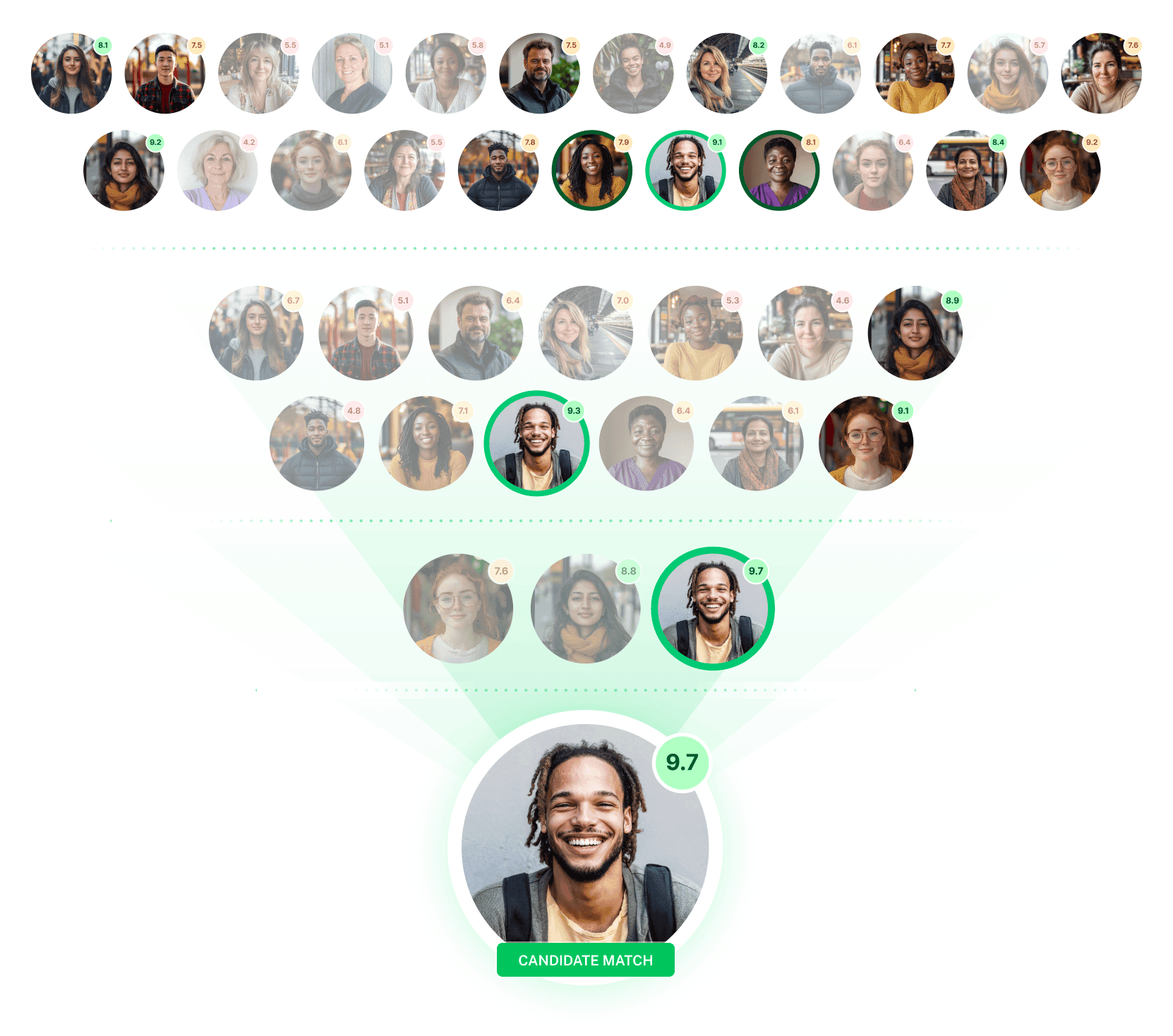 an image showing a number of candidates that are reduced down to a single hire