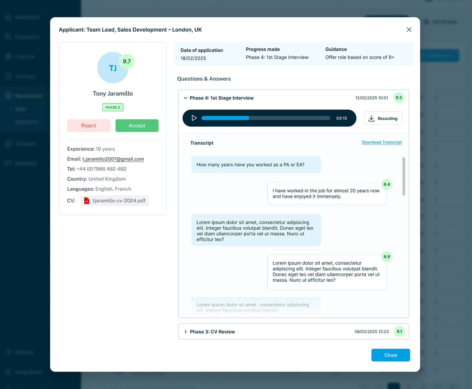 user interface of the progreso platform to review ai agent screened candidates